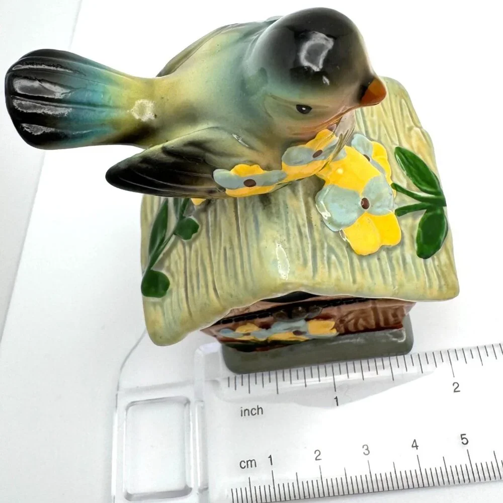 Bird Green Birdhouse Floral Trinket Box with a White Bird Figurine 2